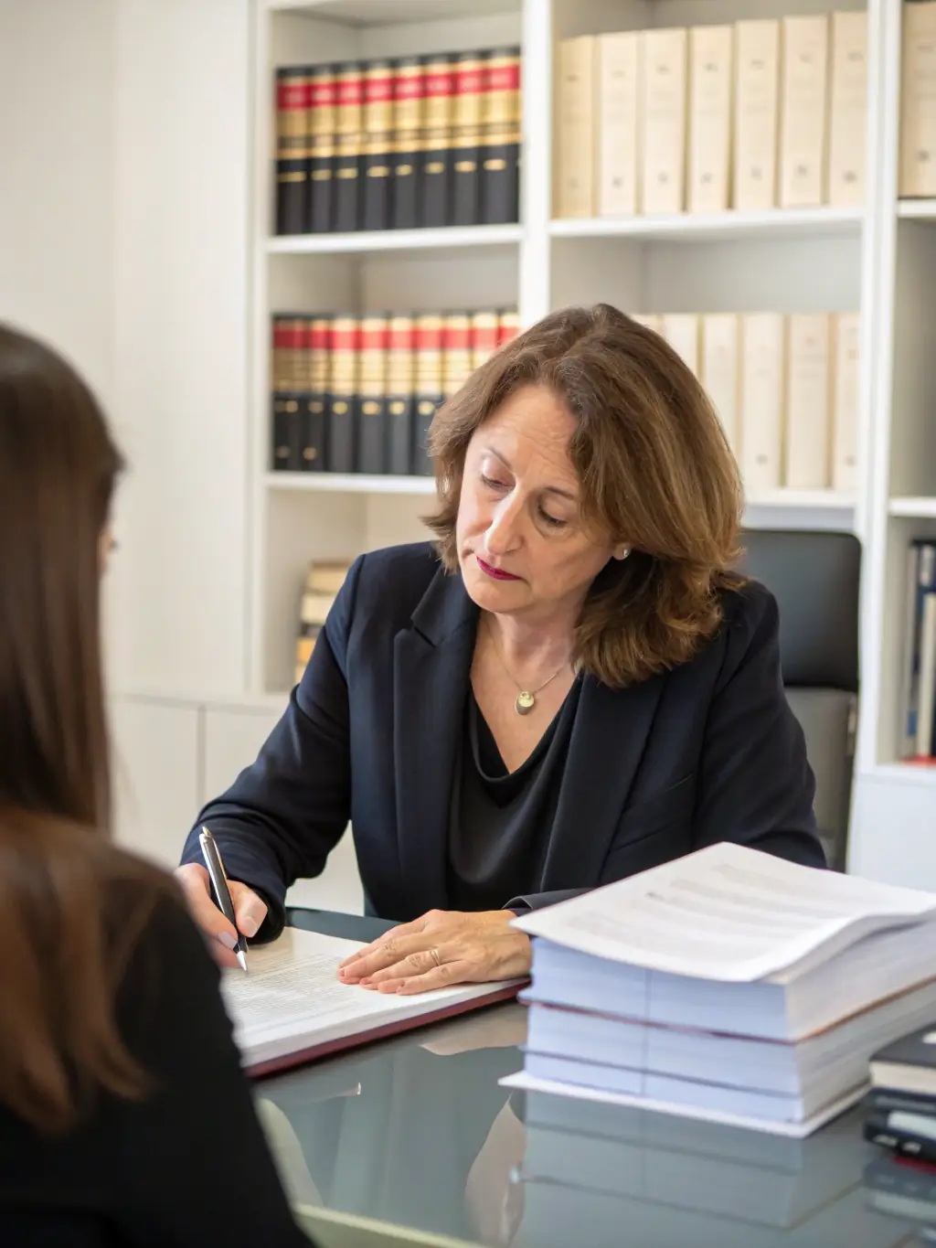 An image of a family law attorney consulting with clients in a professional office setting, discussing legal options and providing support.