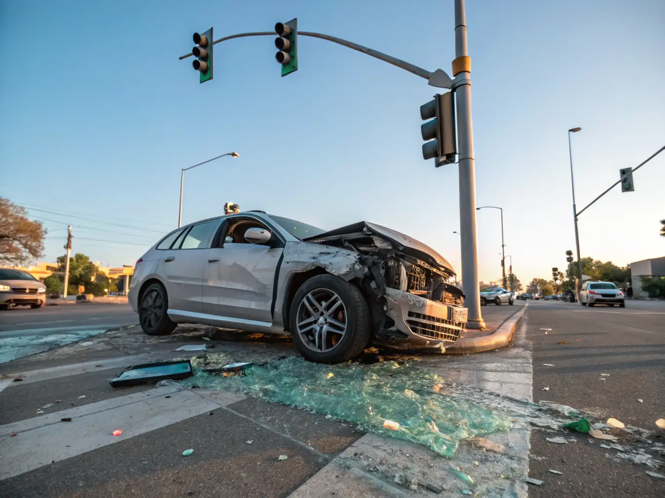 A photograph depicting a damaged car at an accident scene, emphasizing the impact and potential injuries. The image should convey a sense of urgency and the need for legal assistance.